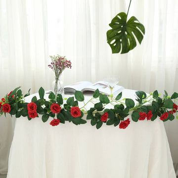 20 Red Artificial Silk Roses Flower Garland, Hanging Vine 6ft