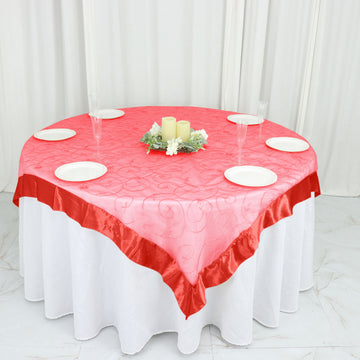 Red Embroidered Sheer Organza Square Table Overlay With Satin Edge 60"x60"
