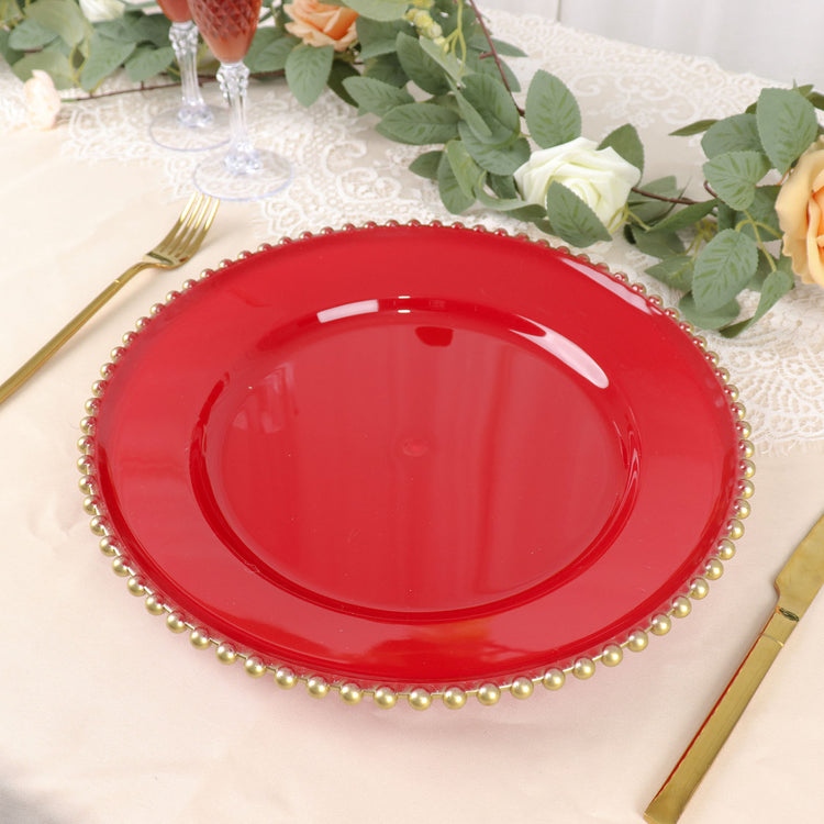 6 Pack Red & Gold 12 Inch Acrylic Plastic Charger Plates with Beaded Rim