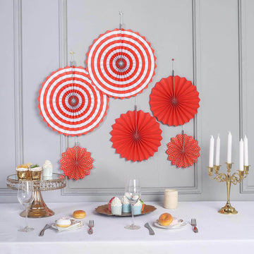 Set of 6 Red Hanging Paper Fan Decorations, Pinwheel Wall Backdrop Party Kit 8", 12", 16"