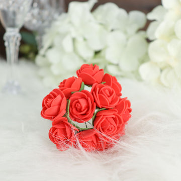 48 Roses Red Real Touch Artificial DIY Foam Rose Flowers With Stem, Craft Rose Buds 1"