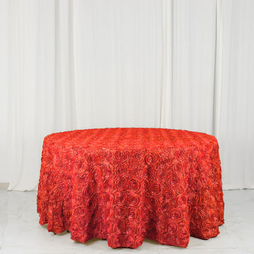 Red Seamless Grandiose 3D Rosette Satin Round Tablecloth 120"