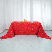 90 Inch x 156 Inch Red Rectangle Polyester Tablecloth With Gold Foil Geometric Pattern