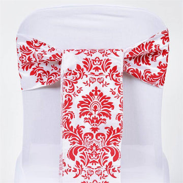 Enhance Your Event Decor with Red/White Taffeta Damask Chair Sashes