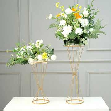 Set of 2 Reversible Gold Metal Geometric Flower Stands, Wedding Vase Pedestals, Columns Centerpiece 20" 27"