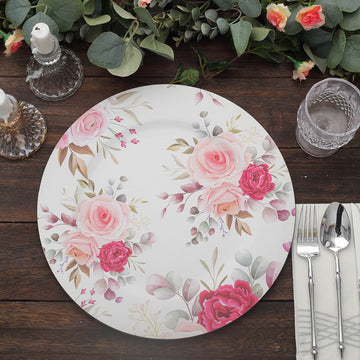 6 Pack Rose Flower Design Plastic Serving Plates, Disposable Spring Floral Print Charger Trays 13"