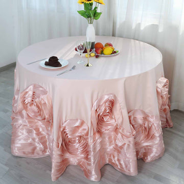 Blush Seamless Large Rosette Round Lamour Satin Tablecloth 120"