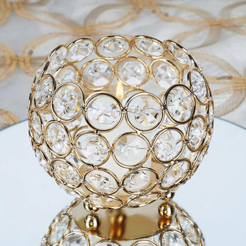 Gold Crystal Beaded Metal Votive Tealight Candle Holder, Multipurpose Table Vase 4" Round