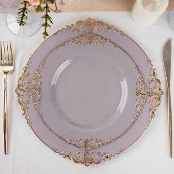 10 Pack Plastic Dessert Salad Plates In Vintage Lavender Lilac, Gold Leaf Embossed Baroque Disposable Plates 8" Round