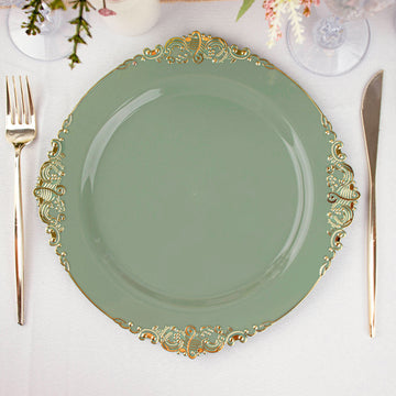 10 Pack Plastic Dinner Plates in Vintage Dusty Sage Green, Gold Leaf Embossed Baroque Disposable Plates 10" Round
