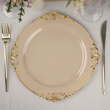 10 Pack Plastic Dinner Plates in Vintage Taupe, Gold Leaf Embossed Baroque Disposable Plates 10" Round