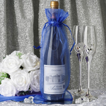 10 Pack Royal Blue Organza Drawstring Party Favor Wine Bags 6"x15"