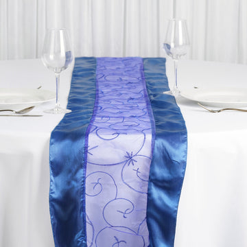 Elevate Your Table Setting with the Royal Blue Satin Embroidered Sheer Organza Table Runner