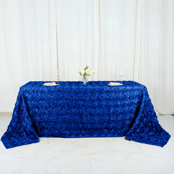 Royal Blue Seamless Grandiose 3D Rosette Satin Rectangle Tablecloth 90"x132"