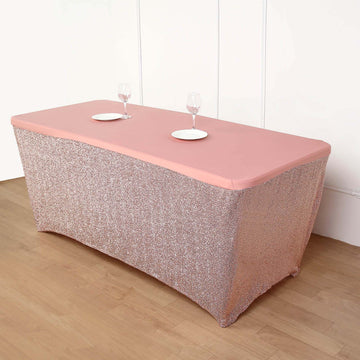 Ruffled Metallic Rose Gold Spandex Table Cover With Plain Top, Rectangular Fitted Tablecloth 6ft
