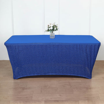 Ruffled Metallic Royal Blue Spandex Table Cover With Plain Top, Rectangular Fitted Tablecloth 6ft