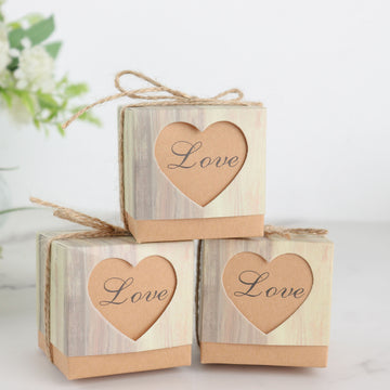 25 Pack Rustic Wood Pattern Natural Brown Paper Party Favor Boxes, Square Candy Gift Boxes with Burlap Jute Twine and Love Heart Cut Out 2.5"