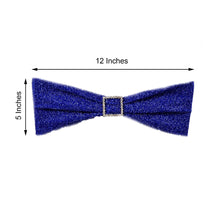 Glittering sequin chair sashes - Metallic Shimmer Tinsel Spandex, Royal Blue, Bow Tie with measurements of 12 inches and 5 inches