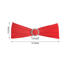 A red spandex fitted chair sash napkin ring with measurements of 5 inches and 14 inches