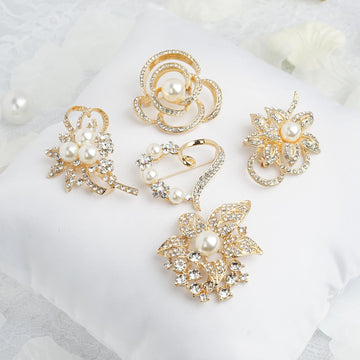Elegant Gold Plated Pearl and Rhinestone Brooches for Stunning Décor