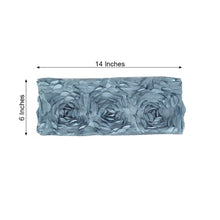 A Dusty Blue Floral Satin Rosette atop Spandex Fabric Table Runner with measurements of 14 inches and 6 inches