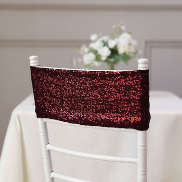 Add a Touch of Glamour with Burgundy Sequin Spandex Chair Sashes