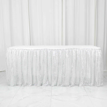 Add Sparkle to Your Event with the Sparkly Silver Sequin Pleated Satin Table Skirt