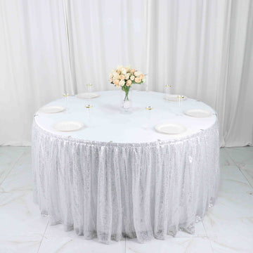 Make Your Event Shine with the Shimmery Silver Sequin Table Skirt