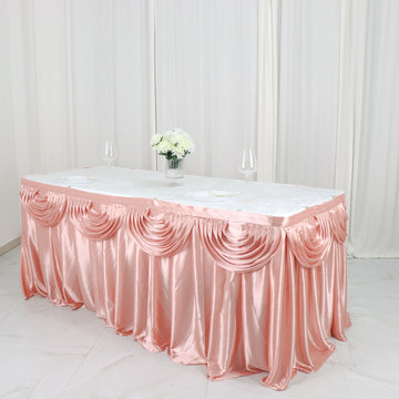 Elevate Your Event Decor with the Dusty Rose Pleated Satin Double Drape Table Skirt