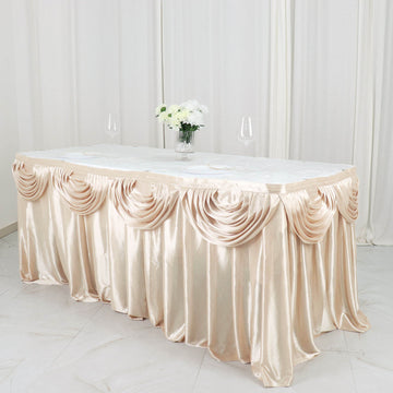 Elegant Beige Pleated Satin Table Skirt for a Stylish Event Decor