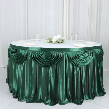 Create an Enchanting Atmosphere with the Hunter Emerald Green Pleated Satin Double Drape Table Skirt