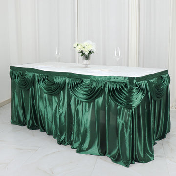 Elevate Your Event with the Hunter Emerald Green Pleated Satin Double Drape Table Skirt