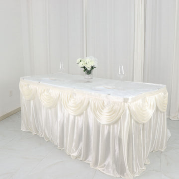 Elegant Ivory Pleated Satin Table Skirt for Exquisite Event Decor