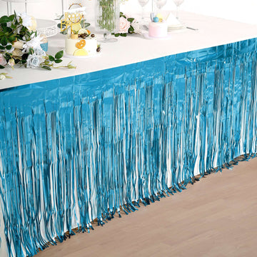 Add a Touch of Elegance with the Blue Metallic Foil Fringe Table Skirt