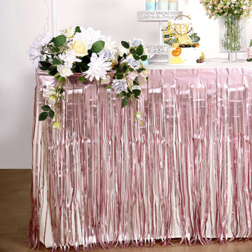 Add a Touch of Elegance with Dusty Rose Metallic Foil Fringe Table Skirt