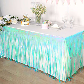 Add a Pop of Color with the Iridescent Blue Metallic Foil Fringe Table Skirt