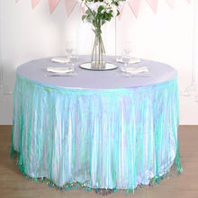 Iridescent Blue Metallic Foil Table Skirt with Fringe Tinsel 30 Inch x 9 Feet