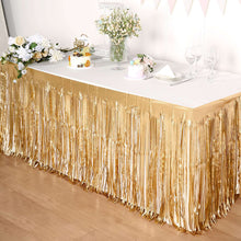 Matte Gold Metallic Foil Table Skirt with Fringe Tinsel 30 Inch x 9 Feet