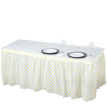 14 Feet White Pleated Plastic Table Skirts With Yellow Polka Dots 10 MM Thick