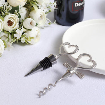 Add Elegance to Your Event Decor with the Silver Metal Heart Wine Bottle Opener and Cork Stopper