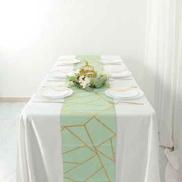 Elevate Your Tablescapes with the Sage Green With Gold Foil Geometric Pattern Table Runner 9ft