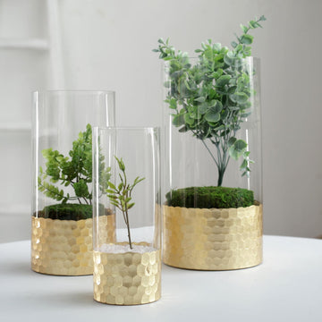 Set of 3 Clear Glass Cylinder Vases with Gold Honeycomb Base, Votive Tealight Candle Holder Set 8",10",12"