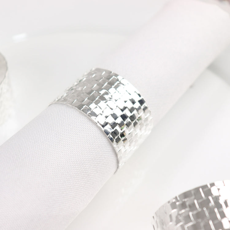 4 Pack Shiny Silver Metal Napkin Rings with Basket Weave Design