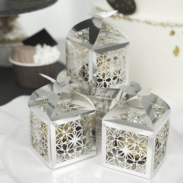 25 Pack Silver Butterfly Top Laser Cut Lace Favor Candy Gift Boxes