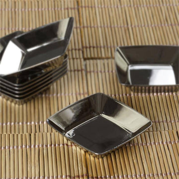 24 Pack Silver Chrome Mini Plastic Appetizer Dessert Plates, Square Disposable Shallow Tapas Bowls 2"