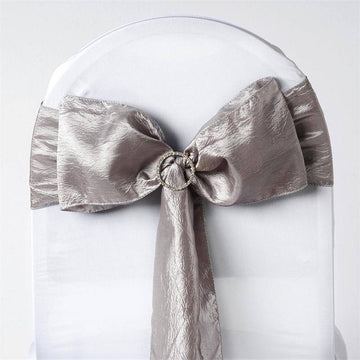 Elegant Silver Crinkle Crushed Taffeta Chair Sashes for Stunning Wedding Chair Decor