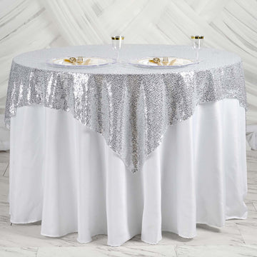 Elegant Silver Duchess Sequin Square Table Overlay 60"x60"