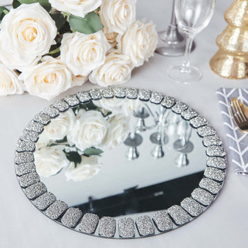 Elevate Your Table Decor with Silver Glitter Jeweled Rim Glass Mirror Charger Plates