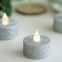 12 Pack - Silver Glitter Flameless LED Candles - Battery Operated Tea Light Candles