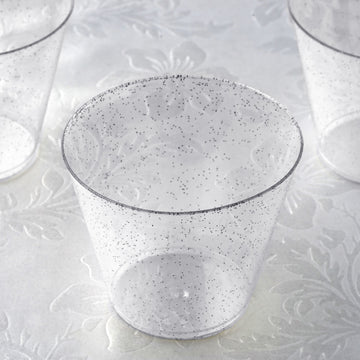 12 Pack Silver Glittered Plastic Cups, Disposable Party Glasses 9oz